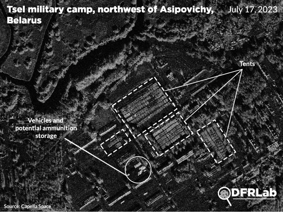 SAR imagery of Tsel military camp in Belarus, taken on July 17, 2023.  (Source: DFRLab via Capella Space)