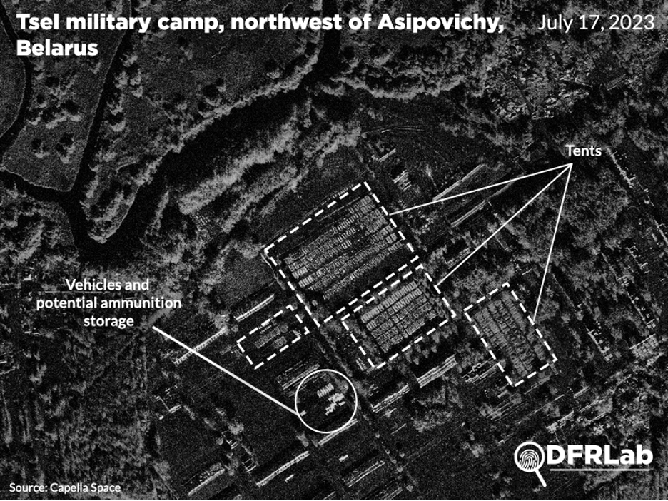 SAR imagery of Tsel military camp in Belarus, taken on July 17, 2023. (Source: DFRLab via Capella Space)