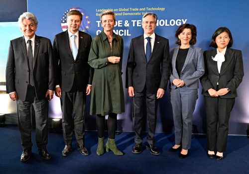 US Secretary of State Antony Blinken, Executive Vice President of the European Commission for An Economy that Works for People Valdis Dombrovskis, U.S. Trade Representative Katherine Tai, EU Internal Market Commissioner Thierry Breton, European Commission Vice President Margrethe Vestager and U.S. Secretary of Commerce Gina M. Raimondo attend a meeting, in Lulea, Sweden May 31, 2023.