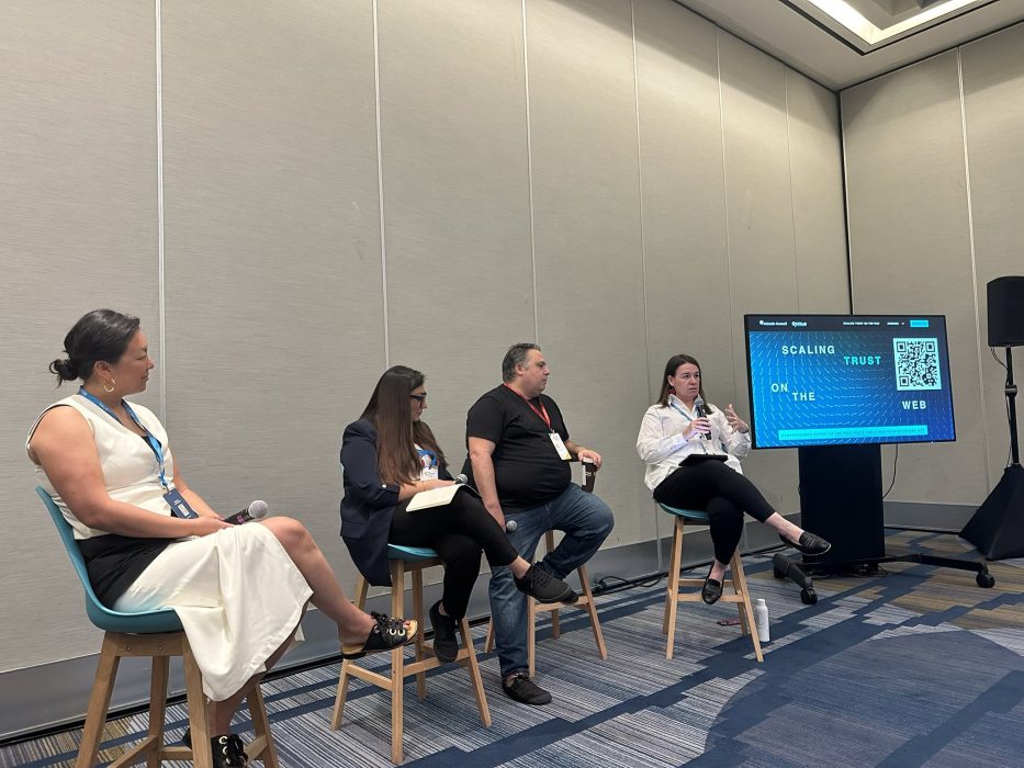 Task Force Director Kat Duffy moderates a panel featuring Task Force members Alex Feerst, Nighat Dad, and Sarah Oh at TrustCon 2023 in San Francisco.