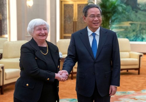 Chinese Premier Li Qiang, right, shakes hands with U.S. Treasury Secretary Janet Yellen, left, during a meeting at the Great Hall of the People in Beijing, China, Friday, July 7, 2023.
