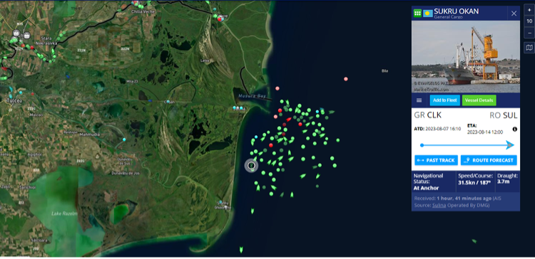 Screenshot from Marine Traffic showing the position of the Sukru Okan dry cargo ship in Masura Bay, near Sulina, Romania, taken August 16, 2023. (Source: @gyron_bydton via Marine Traffic/archive)