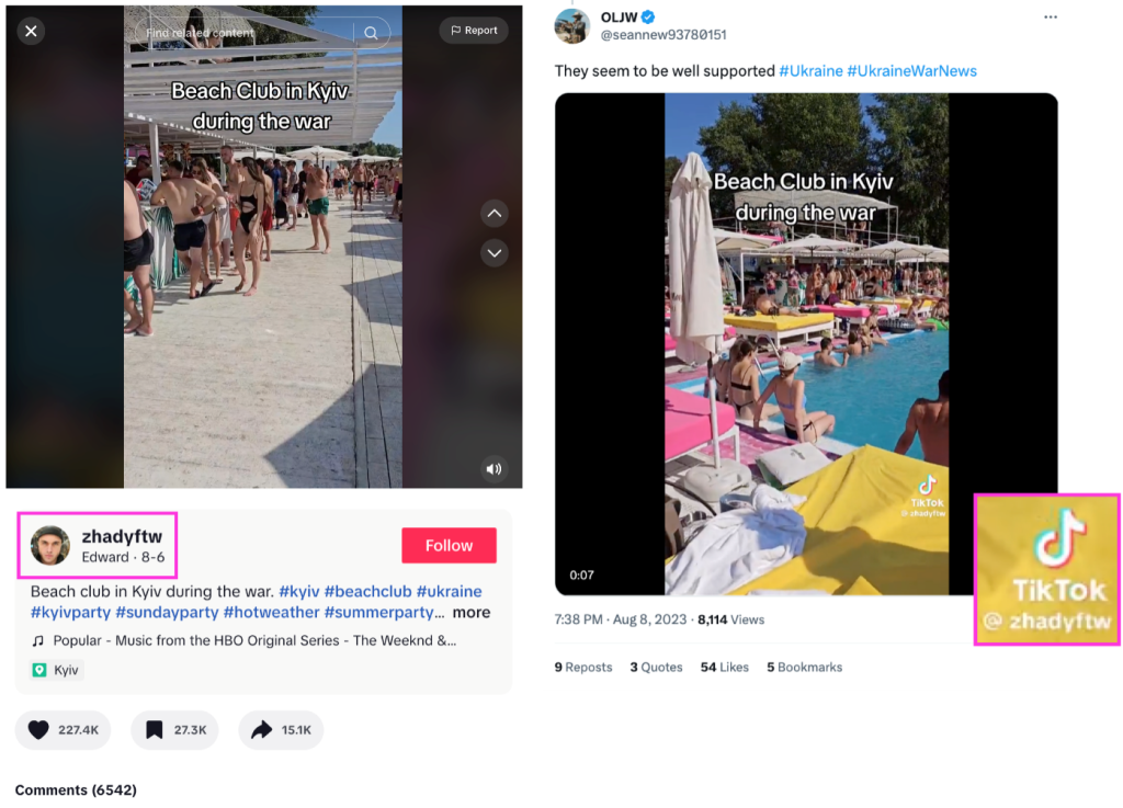 Screenshots of a video posted by TikTok user @zhadyftw (left) and a Twitter account reposting the same video (right). (Source: @zhadyftw, left;@seannew93780151/archive, right)