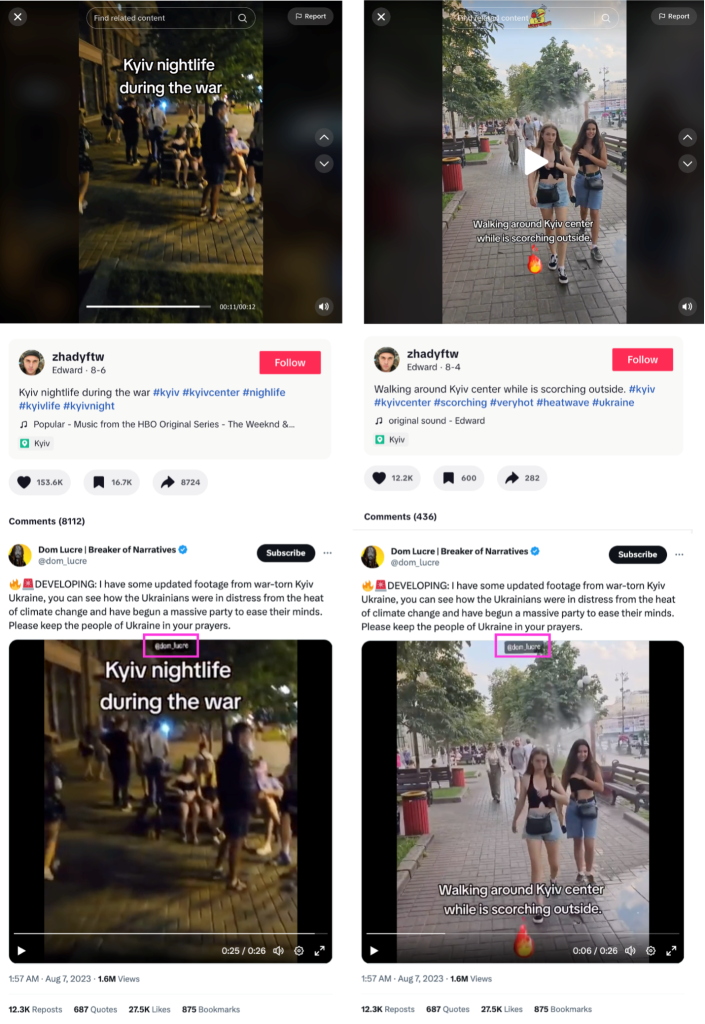 Screenshots showing how Twitter account @dom_lucre added its own watermark (pink frame) to videos originally posted by TikTok account @zhadyftw. (Source: @zhadyftw, top left; @dom_lucre/archive, bottom left; @zhadyftw, top right; @dom_lucre/archive, bottom right)