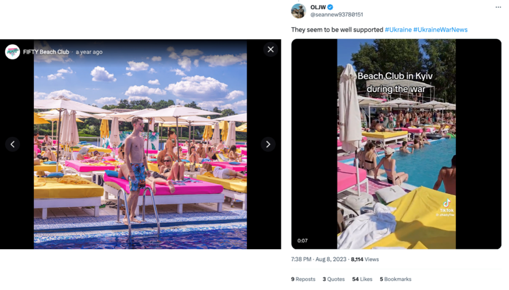 Comparison of Google image showing Fifty Beach Club in Kyiv (left) and the beach club in @zhadyftw’s video (right). (Source: Google.com/archive, left; @seannew93780151/archive, right)