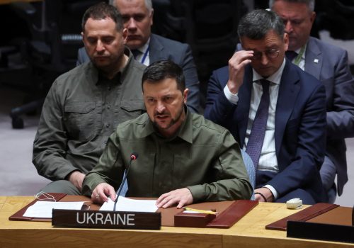 Ukraine's President Volodymyr Zelenskiy looks across the room towards Russia's Ambassador to the United Nations Vasily Nebenzya as Zelenskiy addresses the United Nations Security Council during a ministerial level meeting of the Security Council on the crisis in Ukraine at U.N. headquarters in New York, September 20, 2023. REUTERS/Mike Segar