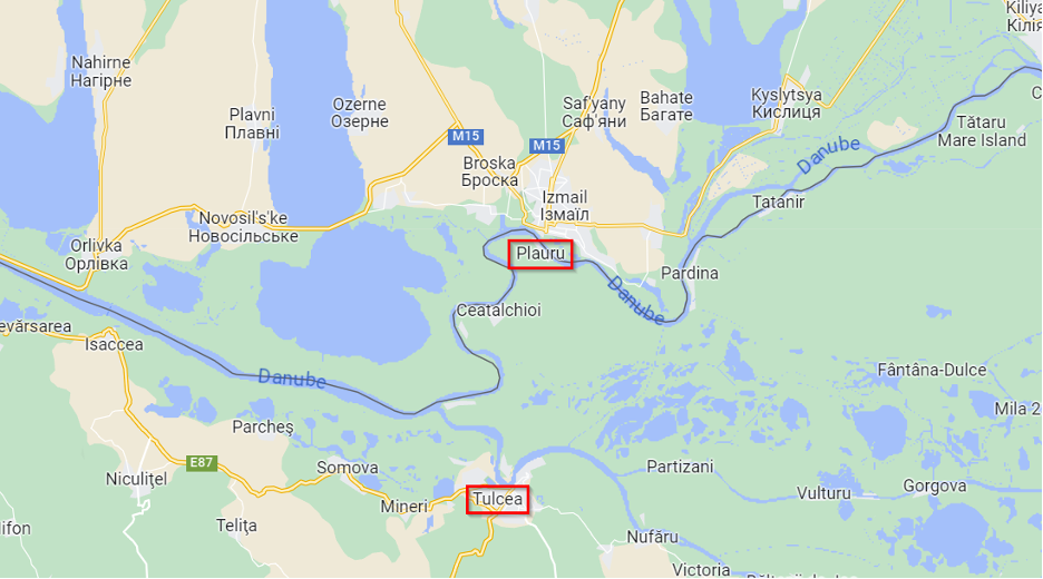 Screenshot from Google Maps showing Tulcea and Plauru’s proximity to the Ukraine border. (Source: Google Maps) 