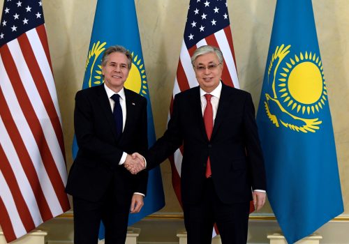 US Secretary of State Antony Blinken shakes hands with Kazakh President Kassym-Jomart Tokayev during a meeting in Astana, Kazakhstan, February 28, 2023. Olivier Douliery/Pool via REUTERS