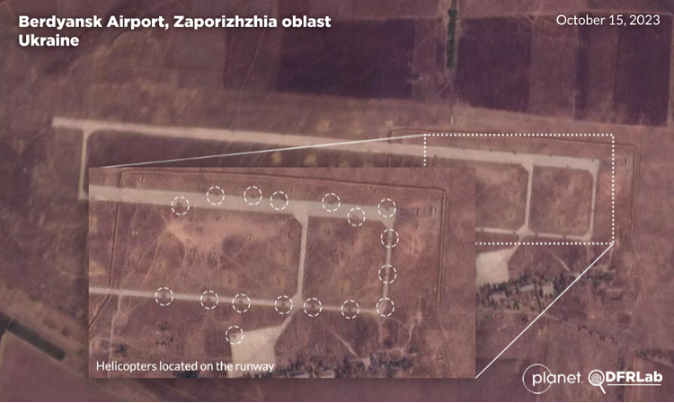 Satellite imagery from October 15, 2023, showing seventeen Russian military helicopters located on the Berdyansk airport (Source: DFRLab via Planet.com)