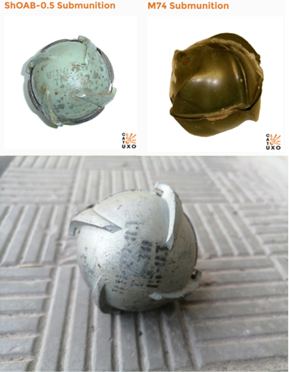 A comparison between pictures from the Collective Awareness to Unexploded Ordnances’ (CAUXO) website showing a ShOAB-0.5 submunition (top left), M74 ATACMS submunition (top right), and the image posted by Telegram channel WarDonbass. (Source: CAUXO/archive, top left; CAUXO/archive, top right; War Donbass/archive, bottom)