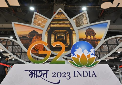Signage is seen at the media centre during the G20 Leaders’ Summit in New Delhi, India, Saturday, September 9, 2023. (AAP Image/Mick Tsikas)