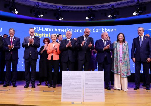 Guatemala's Foreign Minister Mario Adolfo Bucaro Flores, Paraguay's President Mario Abdo Benitez, Ecuador's President Guillermo Lasso, Costa Rica President Rodrigo Chaves Robles, European Commission President Ursula von der Leyen, President of the European Council Charles Michel, Brazil's President Luiz Inacio Lula da Silva, El Salvador's Foreign Minister Alexandra Hill Tinoco, Argentina's President Alberto Fernandez, Dominican Republic President Luis Abinader and Suriname's President Chandrikapersad Santokhi react as they take part in the EU-LAC Digital alliance photo op ceremony, during the summit in Brussels, Belgium July 17, 2023. REUTERS/Johanna Geron