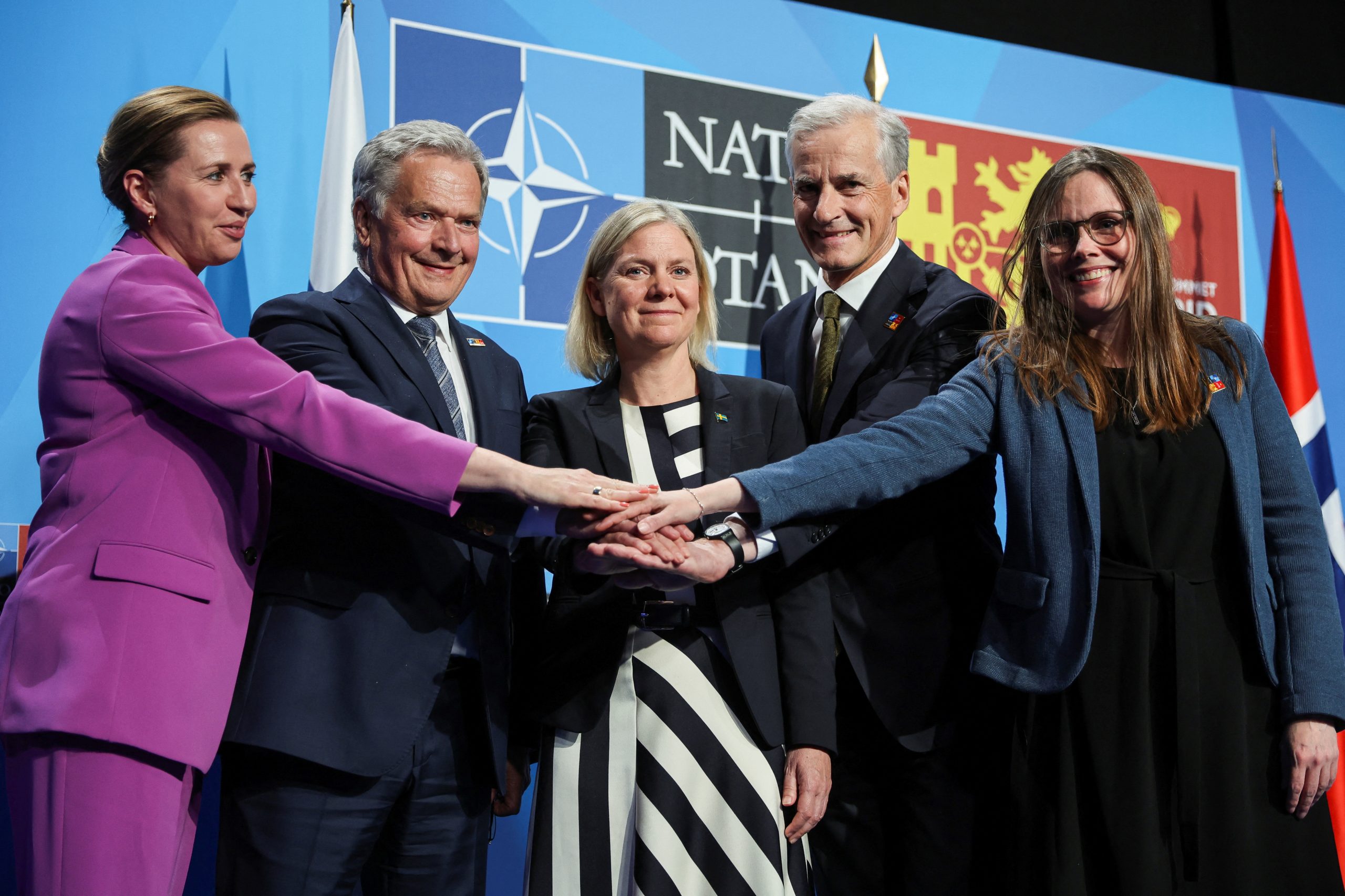 Denmark’s Prime Minister Mette Frederiksen, Finland’s President Sauli Niinisto , Sweden’s Prime Minister Magdalena Andersson, Norway’s Prime Minister Jonas Gahr Store and Iceland’s Prime Minister Katrin Jakobsdottir pose for a picture during a NATO summit in Madrid, Spain June 29, 2022. REUTERS/Nacho Doce