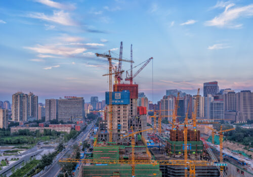 China, In the center of the capital in a new commercial building construction