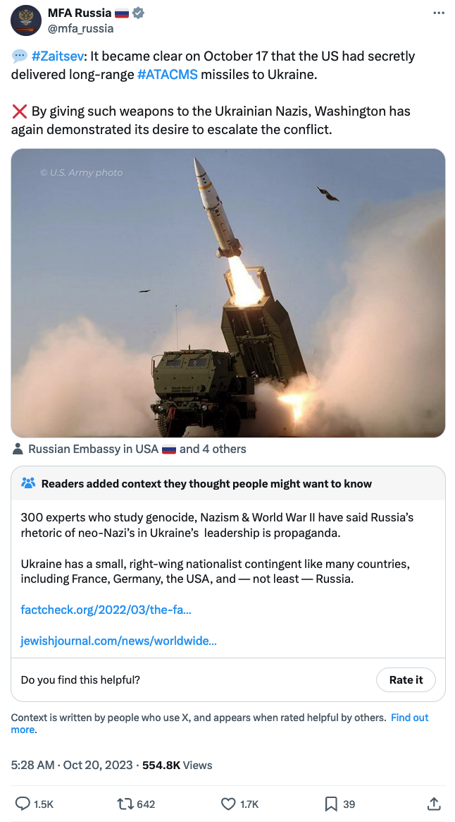 Screenshot from a tweet by the Russian Ministry of Foreign Affairs, as reposted by its diplomatic mission in Tunisia, claiming that Russia is in Ukraine to fight against Nazis. (Source: Ministry of Foreign Affairs of the Russian Federation, X tweet, @mfa_russia, October 20, 2023)