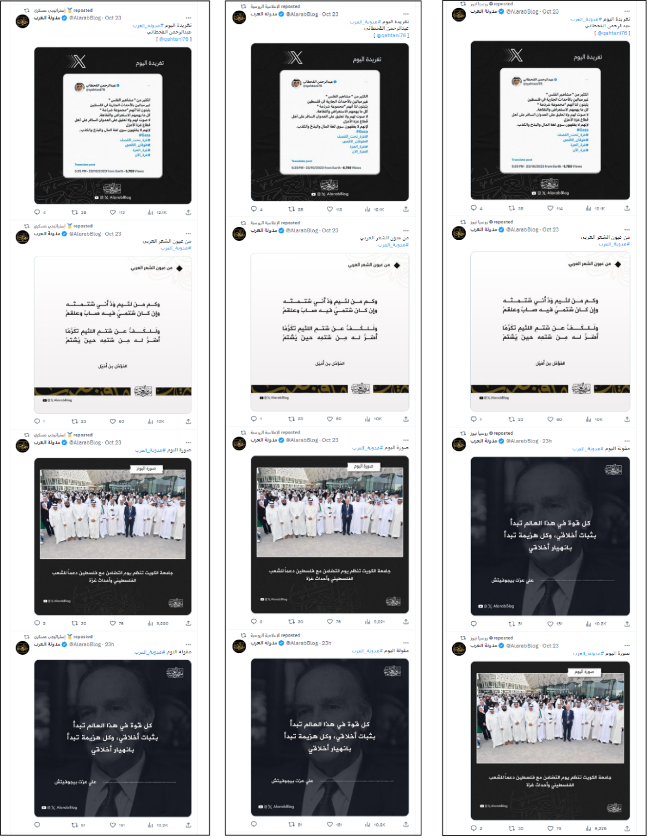 Screenshots showing three different X accounts with similar timelines after retweeting the same posts by @AlarabBlog. (Source: @ISTRATIJI, left; @russiatt, center; @Russian__media, right)