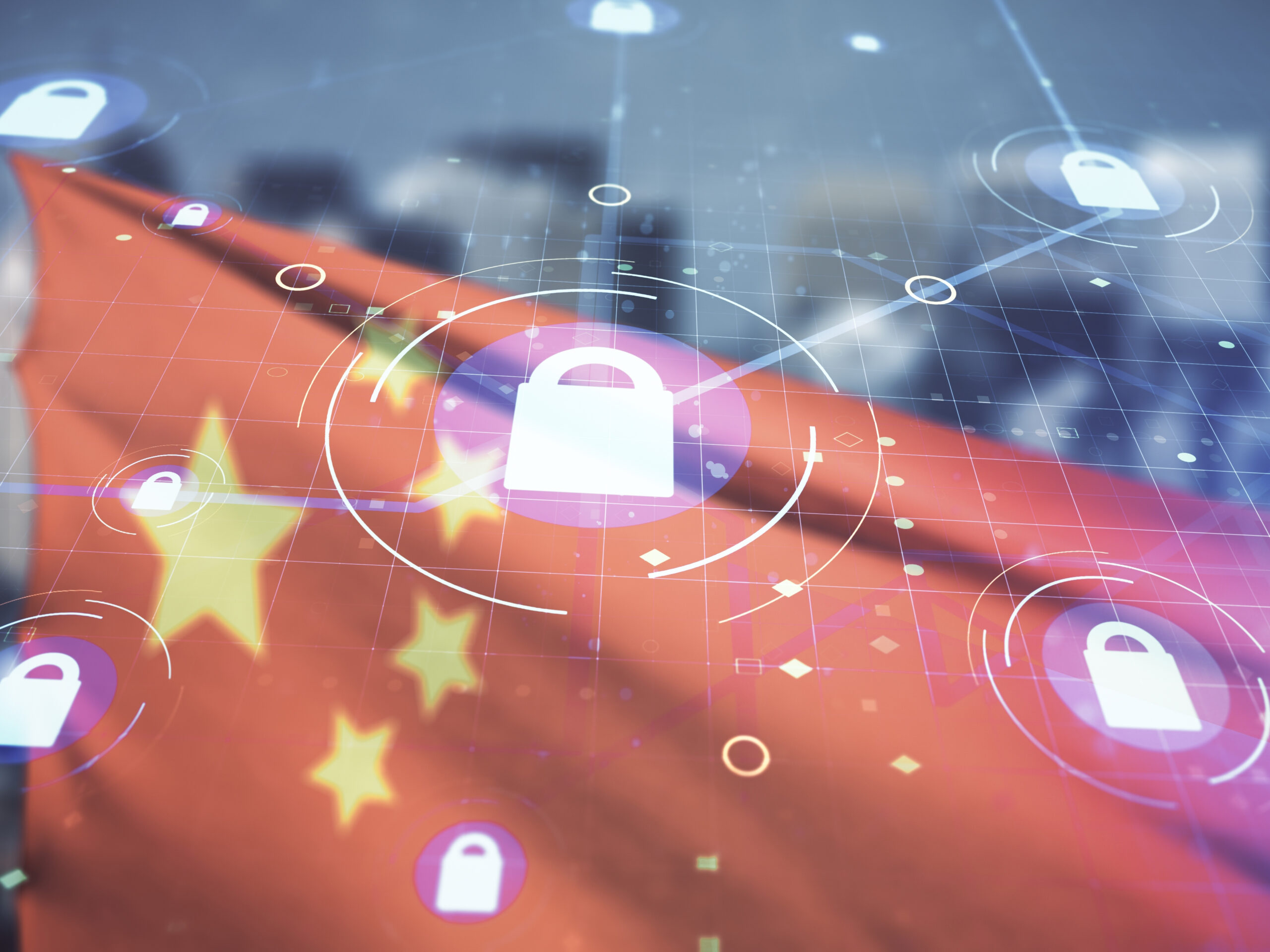 Virtual creative lock symbol and microcircuit illustration on flag of China and blurry cityscape background. Protection and firewall concept.