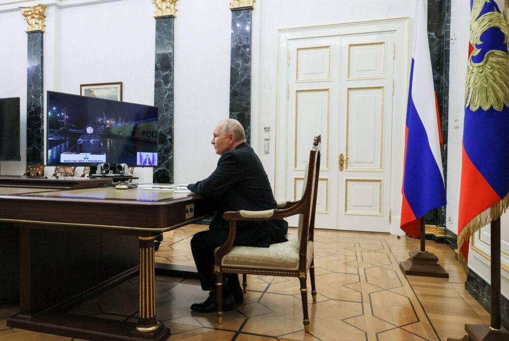 Russian President Vladimir Putin attends the launch of the main pipeline of Rosneft's Vostok Oil project to the Sever Bay port terminal for tanker loading, via video link at the Kremlin in Moscow, Russia, on September 5, 2026. (Sputnik/Mikhail Metzel/Pool)
