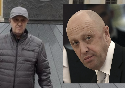 Left: Prigozhin impersonator photographed in front of the Lithuanian National Museum, one of several images of the impersonator distributed by Russian media. Right: file photo of Evgeny Prighozin at the Kremlin, July 4, 2017. (Sources: Delovaya Gazeta and REUTERS/Sergei Ilnitsky/Pool)