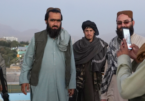 Taliban fighters pose on the hill of Wazir Akbar Khan, Kabul, October 12, 2021. (Source: Reuters/Alexandra Kovalskaya/TASS)