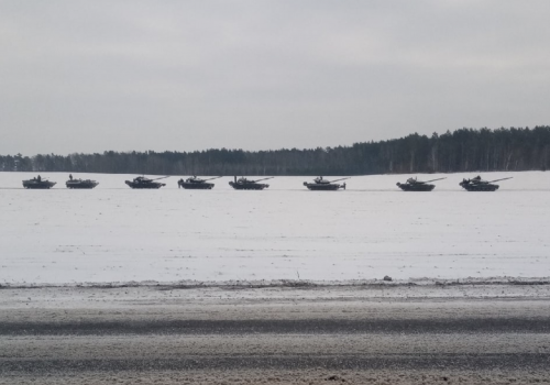 Screencap of video showing Russian armor in a field near Rechitsa.