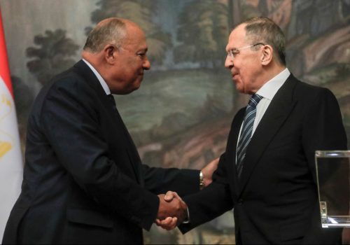 Russian Foreign Minister Sergei Lavrov and Egyptian Foreign Minister Sameh Shoukry shake hands during a news conference following their talks in Moscow, Russia, January 31, 2023. (Source: Maxim Shipenkov/Pool via REUTERS)