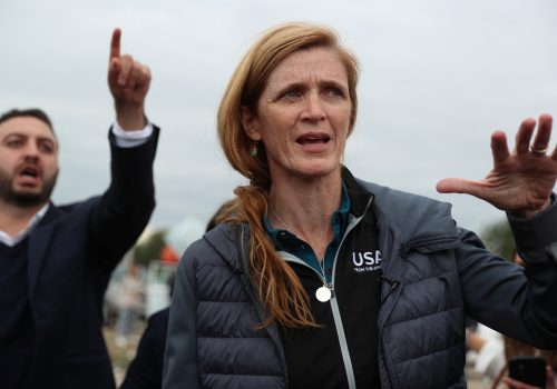 USAID Administrator Samantha Power speaks to the media as she visits an aid center for refugees from Nagorno-Karabakh in the border village of Kornidzor, Armenia, September 26, 2023. REUTERS/Irakli Gedenidze